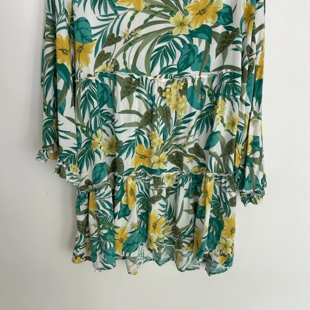 Blue‎ Island Women's 3X Blue Yellow Long Sleeve Tassel Layered Dress  Coastal